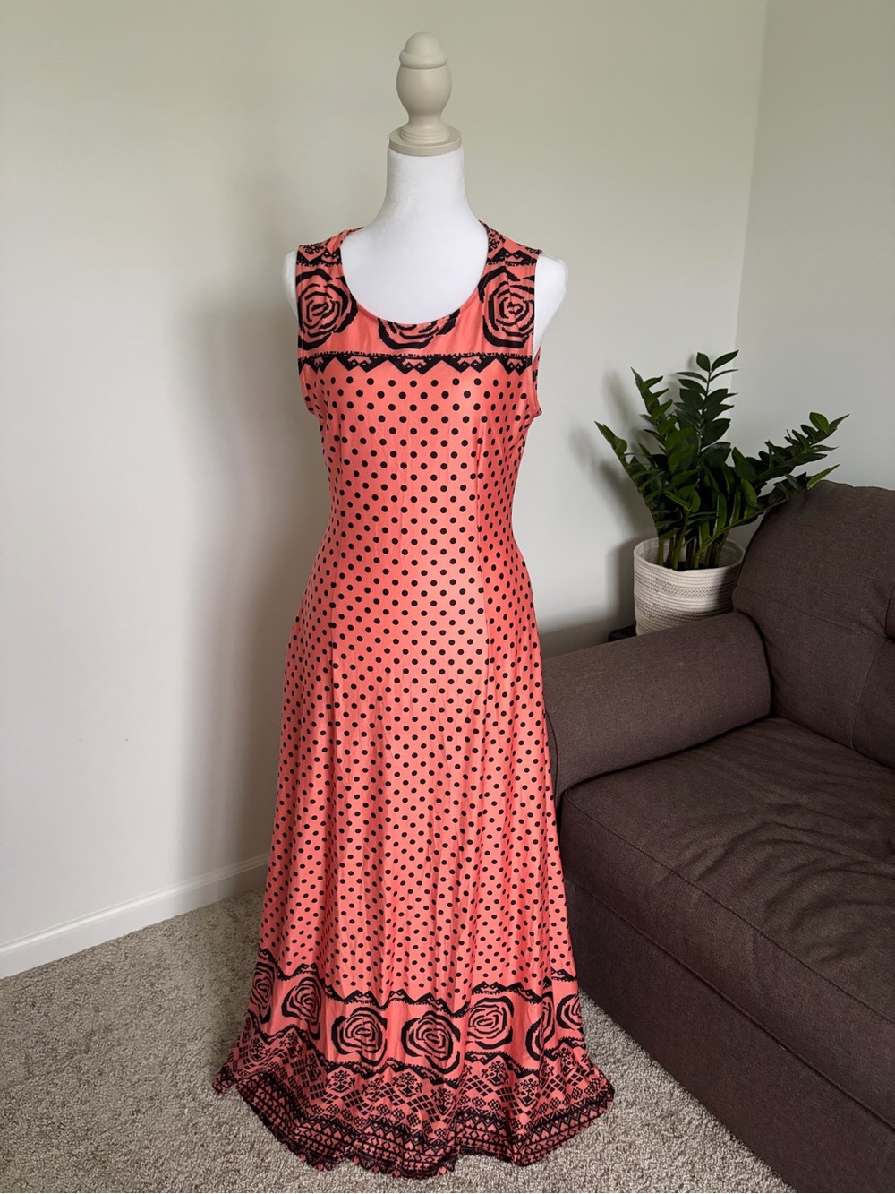 Reborn Coral Maxi Dress with Black Polka Dots & Rose Trim